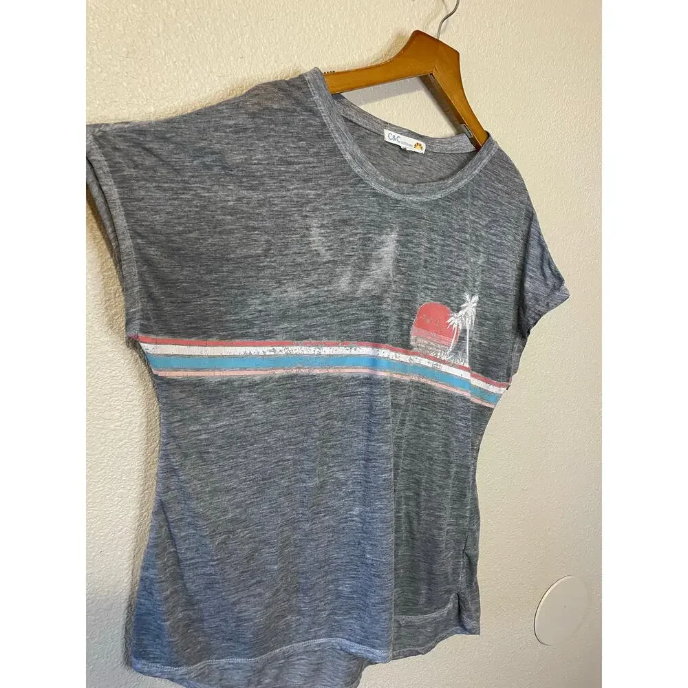 C&C California Heather Gray Palm Tree Cap Sleeve Relaxed Surf Tee Medium - Picture 3 of 9